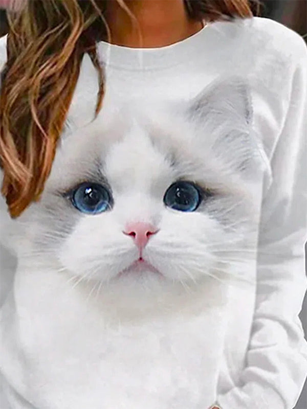 White Casual Graphic Tops Round Neck Long Sleeve Cat Printed Sweatshirts