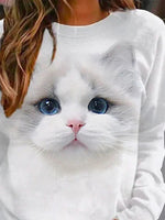 White Casual Graphic Tops Round Neck Long Sleeve Cat Printed Sweatshirts