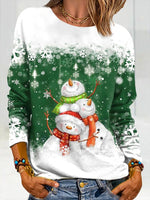 Green Casual Graphic Tops Round Neck Long Sleeve Snowman Printed Xmas Sweatshirt