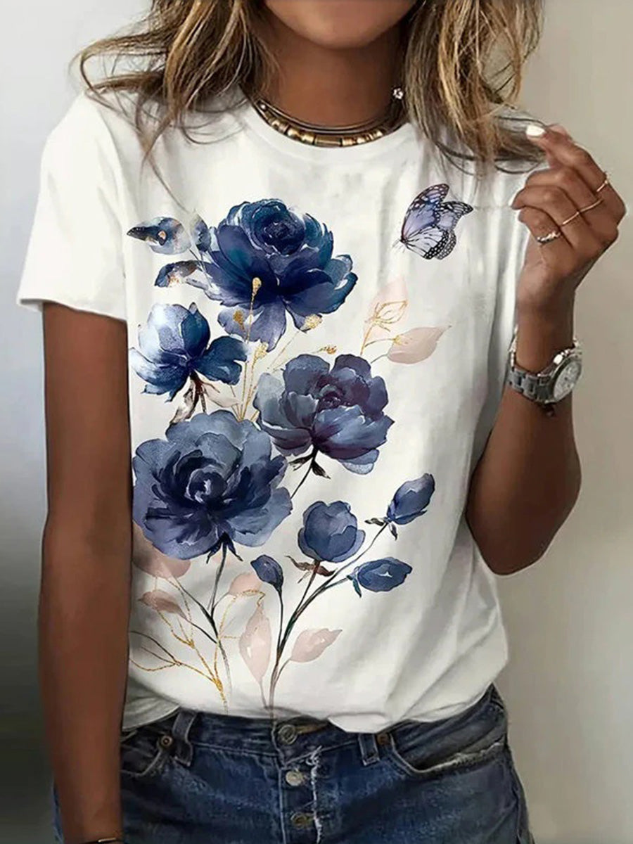 Vintage Floral Print Round Neck Short Sleeve T-Shirt