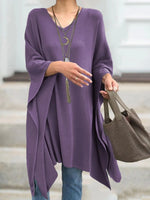 Purple Casual V Neck Solid Long Sleeve Tunic Tops