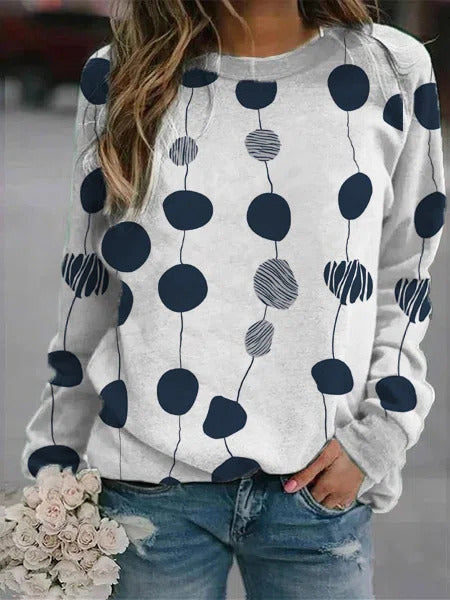 Blue Casual Graphic Tops Round Neck Polka Dots Printed Long Sleeve Sweatshirts
