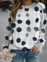 Blue Casual Graphic Tops Round Neck Polka Dots Printed Long Sleeve Sweatshirts
