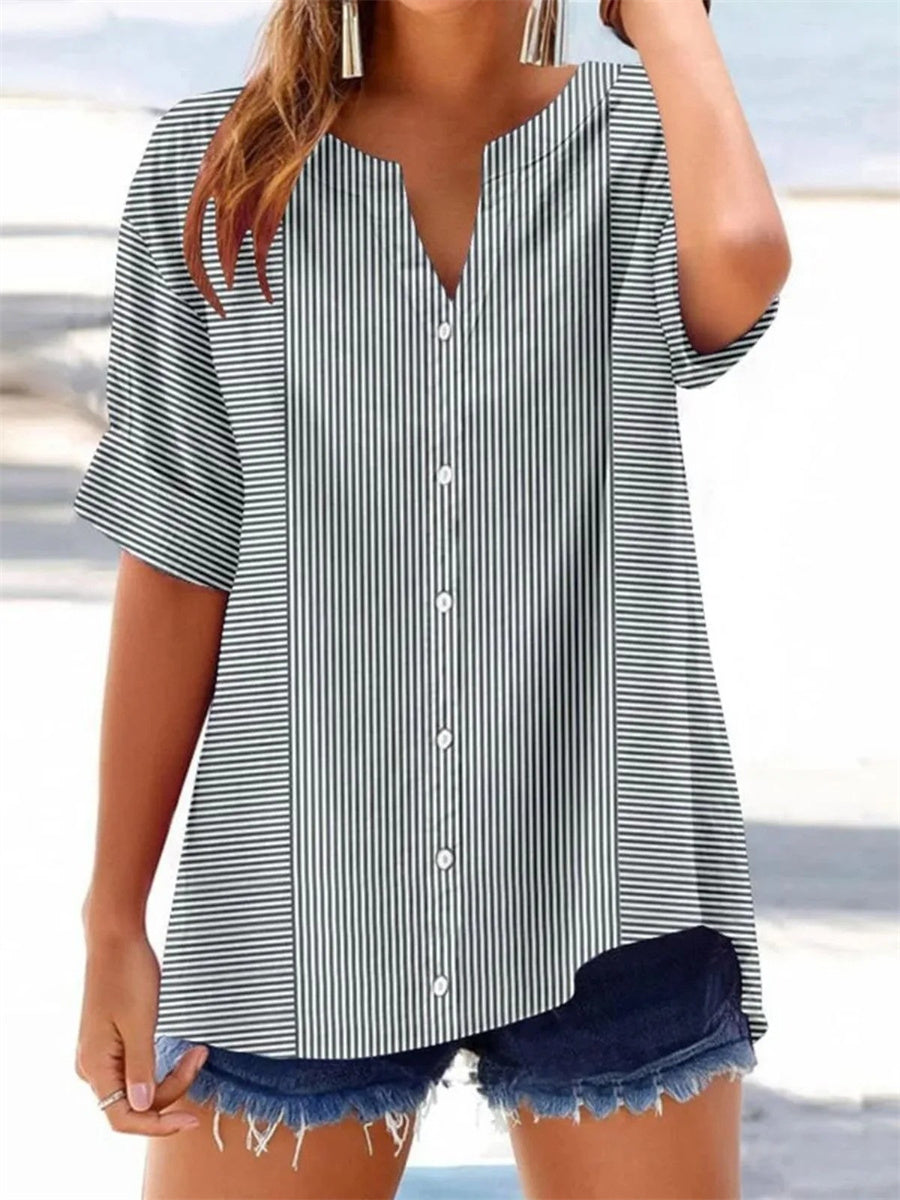 Casual Striped V-neck Short Sleeve Top
