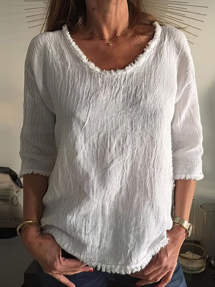 Casual White Short Sleeve Tassel T-Shirt