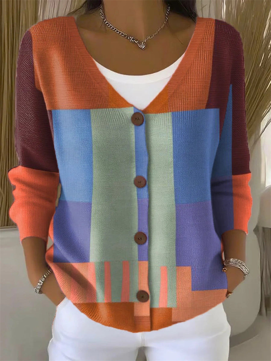 Geometric Color Block V-neck Long Sleeve Buttoned Casual Daily Cardigan