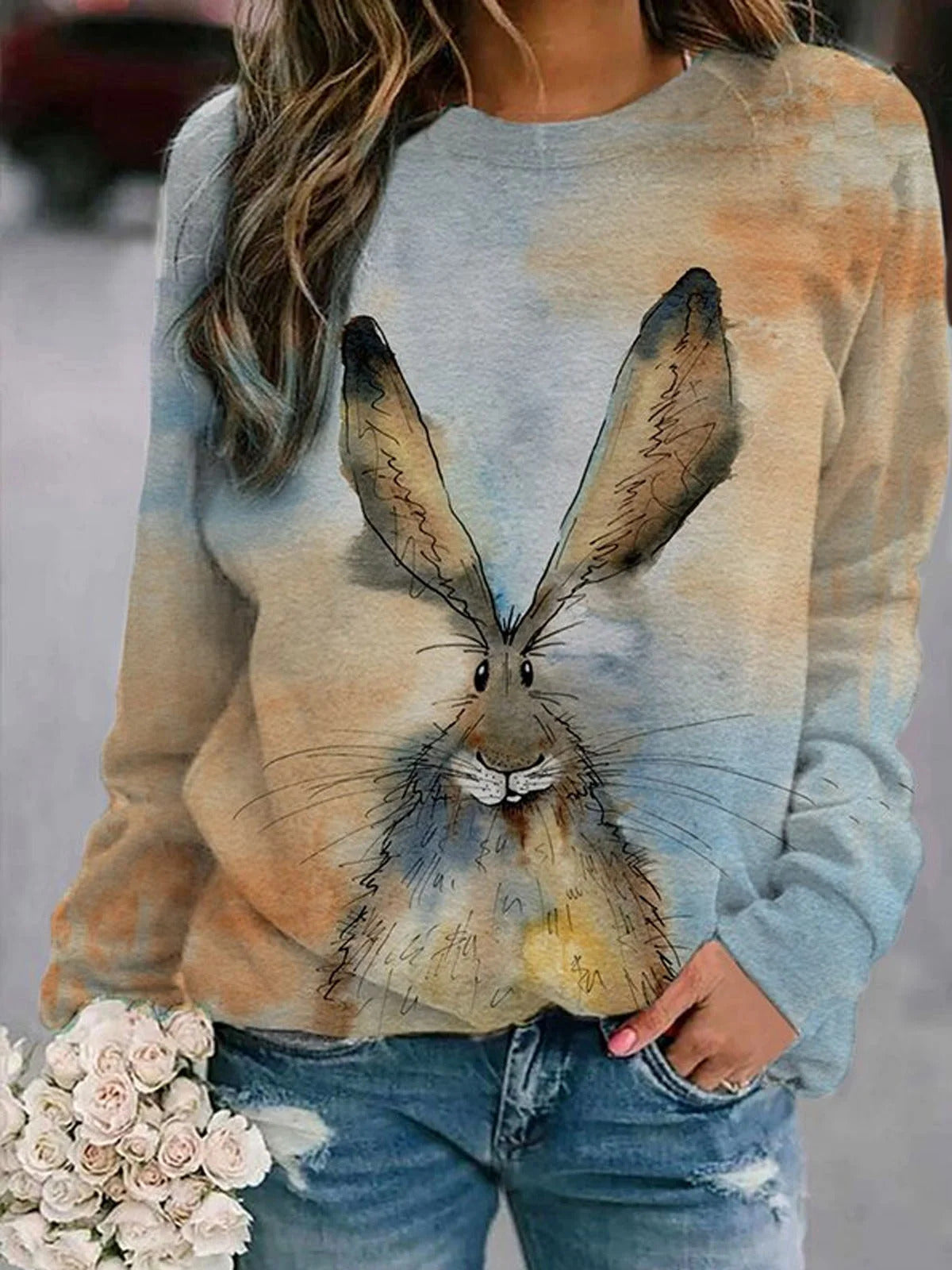 Blue Casual Round Neck Rabbit Printed Long Sleeve Sweatshirts