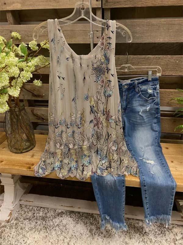 Women's Sleeveless Floral Print Loose Fit Casual Tank Top