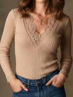 Elegant V-neck Long Sleeve Lace-Trimmed Ribbed Knit Top