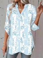 Breezy Plant Print V-Neck Long Sleeve Top