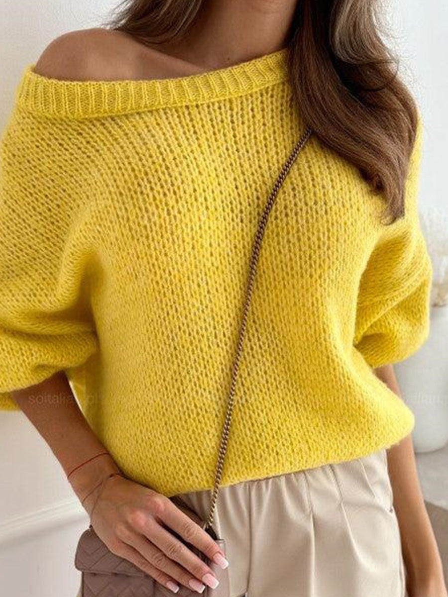Yellow Plain Round Neck Long Sleeve Sweater