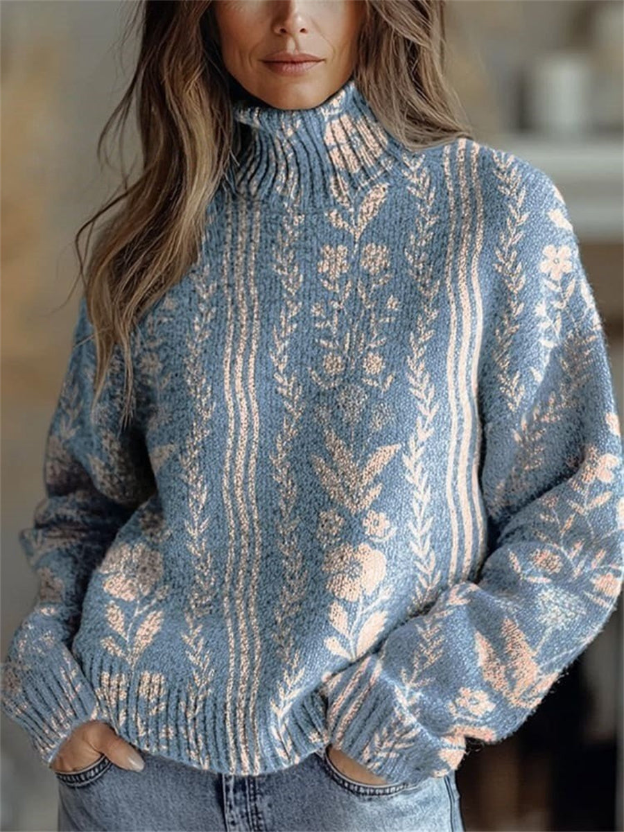 Vintage Floral Stripes Print Round Neck Long Sleeeve Pullover Sweater