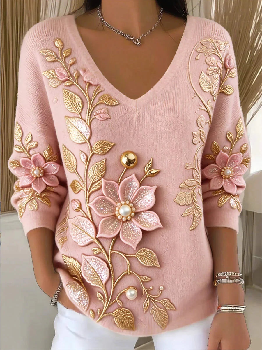 Casual Floral V Neck Long Sleeve Sweatshirt