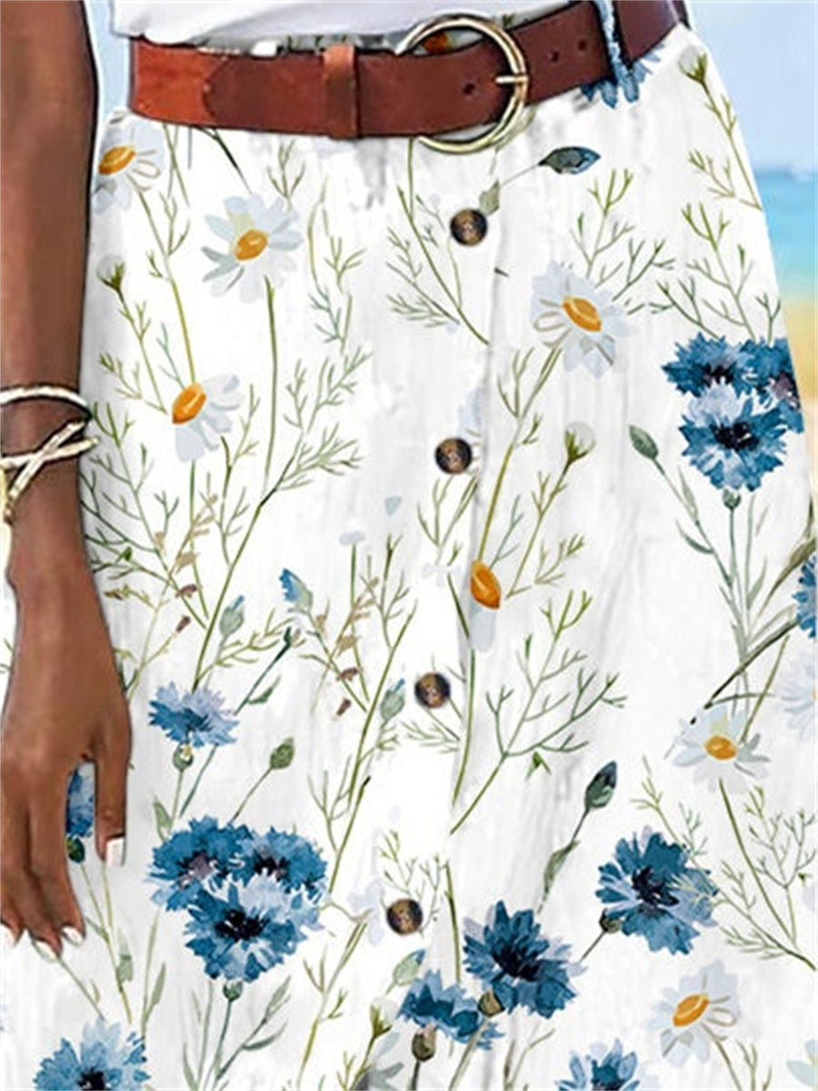 Women's Floral Printed Graphic Straight Fashion Split Button Maxi High Waist Skirt