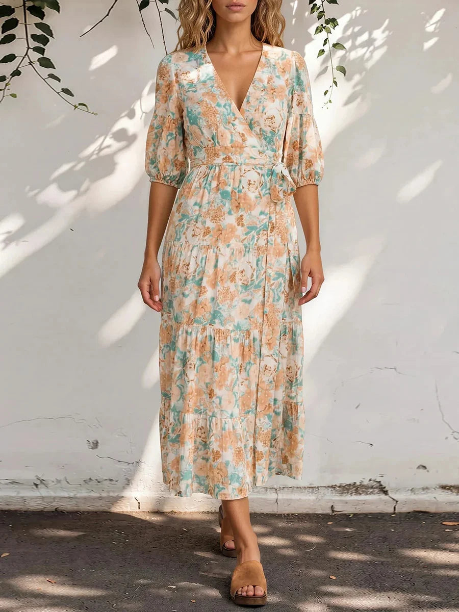 Peach Teal Floral Print V-neck Short Sleeve Wrap Midi Dress