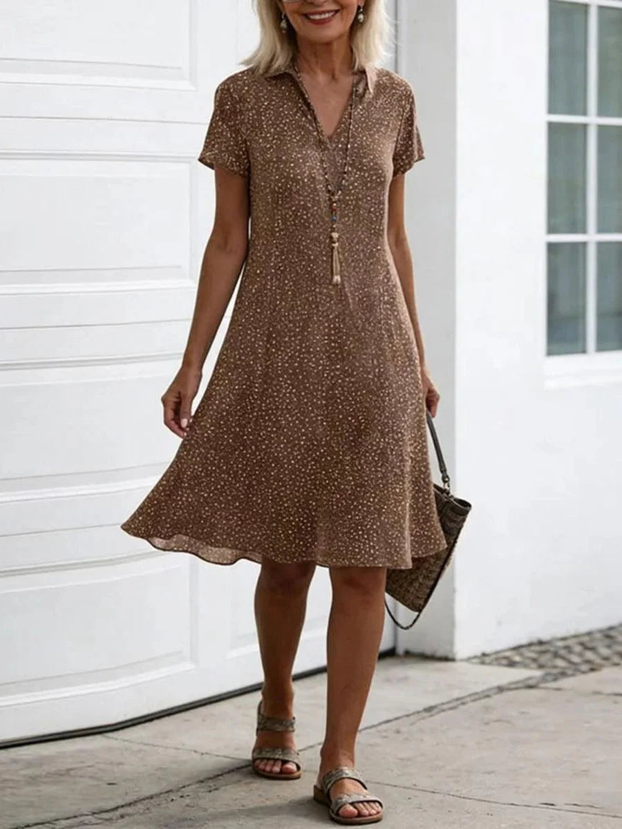 Brown Ditsy Dot Collared Short Sleeve Midi Dress