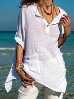 White Casual V Neck Solid Long Sleeve Blouse