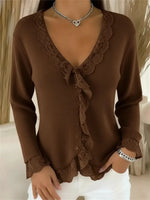 Women's Lace-paneled V-neck Long Sleeve Sweater