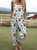 Women's Highland Cow Floral Print Casual Wide Leg Jumpsuit