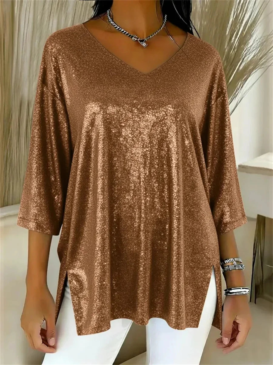 Women's Sparkly Christmas V-neck 3/4 Sleeve Top