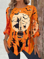 Women Long Sleeve Scoop Neck Ghost Printed Orange Top