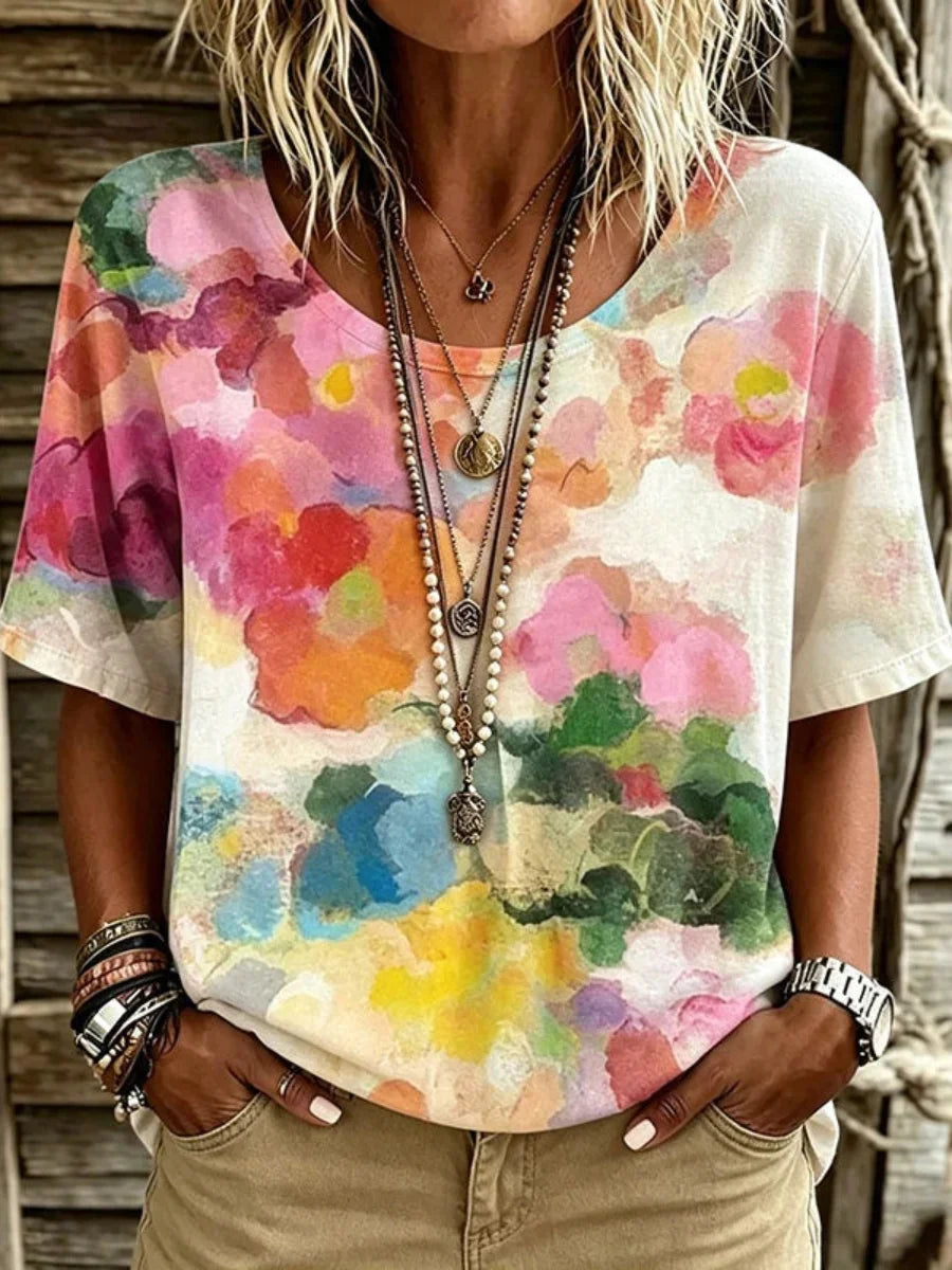Vintage Colourful Round Neck Short Sleeve T-Shirt