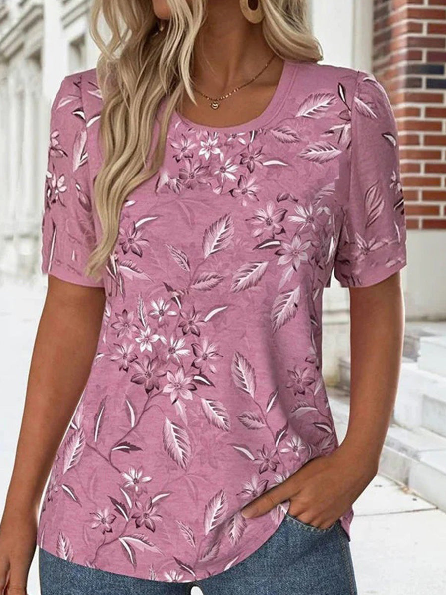 Vintage Floral Print U-neck Short Sleeve T-Shirt