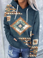 Green Casual Graphic Tops Long Sleeve Geometric Printed Hoodie