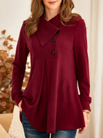 Red Casual V Neck Solid Long Sleeve Tunic Tops