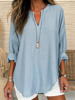Blue Casual V Neck Solid Long Sleeve Blouse