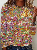 Vintage Ethnic Print Crew Neck Blouse
