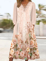 Women's Long Sleeve V-neck Floral Printed Lace Stitching Midi Dress