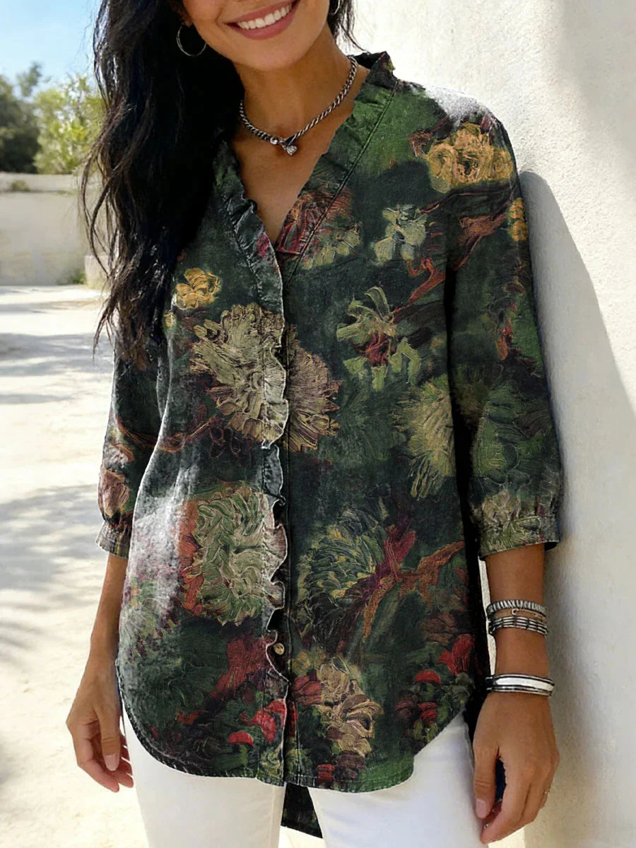 Women's Retro Floral Art Casual V-neck 3/4 Sleeve Shirt