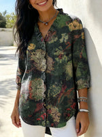 Women's Retro Floral Art Casual V-neck 3/4 Sleeve Shirt