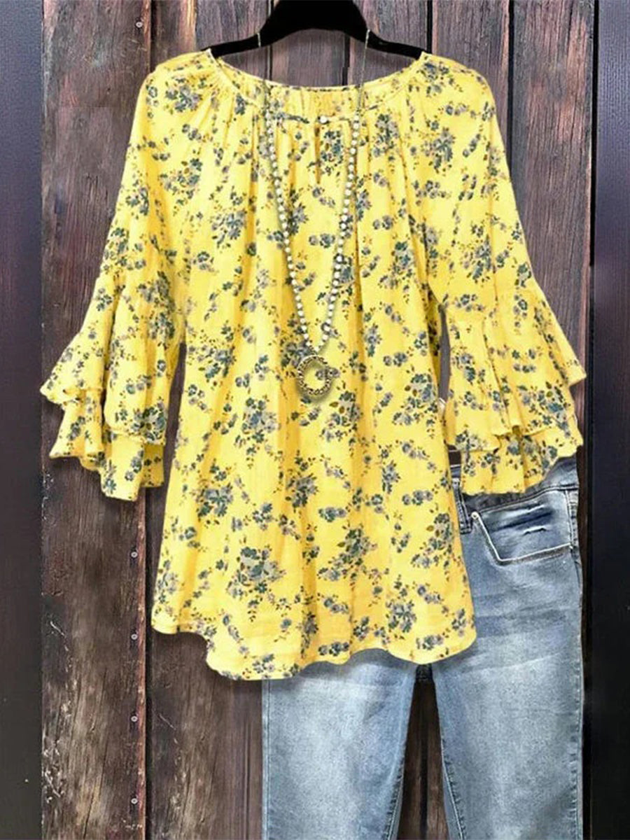 Vintage Floral Print Round Neck Half Sleeve Blouse