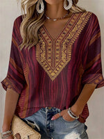 Women's Retro Ethnic Striped Casual V-neck 3/4 Sleeve T-shirt