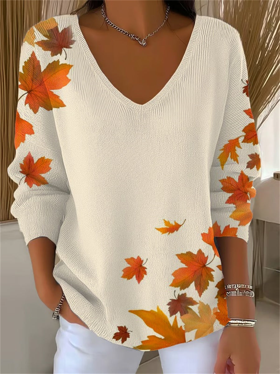 Women's Casual Retro Maple Leaf Striped V-neck Long Sleeve Top