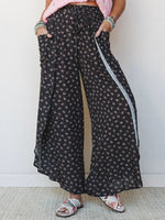 Black Floral Print Drawstring Wide Leg Pants
