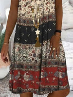 Women’s Boho Sleeveless Patchwork Print A-Line Midi Dress with Pockets
