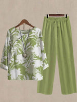 Women's Casual Floral Print Top & Elastic Waist Pants Two-Piece Set