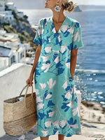 Teal Floral Print V-Neck Short Sleeve Dress