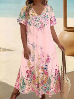 Soft Pink Watercolor Floral V Neck Short Sleeve Loose Maxi Dress