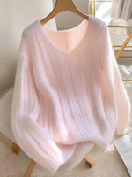 Pink V-neck Long Sleeve Plain Sweater