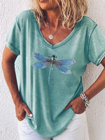 Women's Casual V-Neck Dragonfly Print Short Sleeve T-Shirt Top