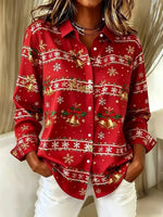 Women Christmas Vintage Shirt Shirt Collar Long Sleeve Top