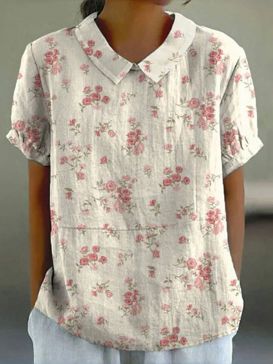 Vintage Floral Print Short Sleeve Blouse