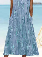 Women's Sleeveless Blue Floral Print Casual Maxi Dress with Pockets
