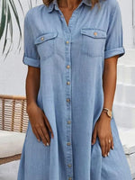 Women's Casual Cotton Button-Down Short Sleeve Shirt Dress