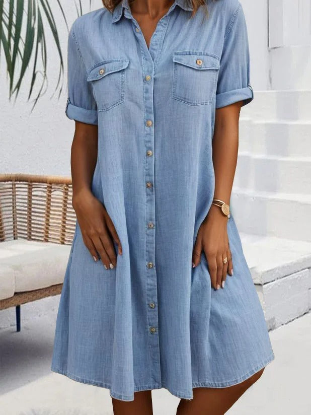 Women's Casual Cotton Button-Down Short Sleeve Shirt Dress