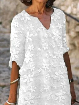 Women's White Floral Lace V-Neck Half Sleeve Shift Dress